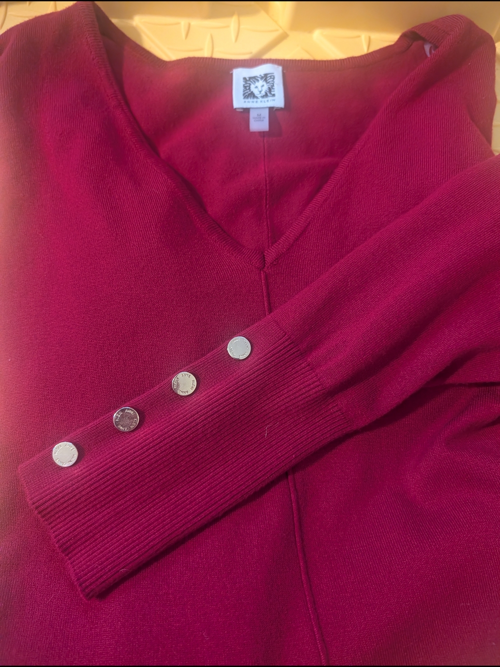 Anne Klein Burgundy V-Neck Sweater with Gold Cuff Buttons